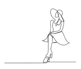 One line drawing woman in hat sitting on the beach. Concept of summer vocation. Womens silhouette, minimalist style. Female sitting wearing a dress line vector illustration.