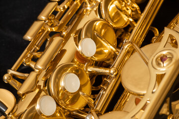 Obraz premium alto saxophone closeup, instrument valve, macro details, musical instrument background