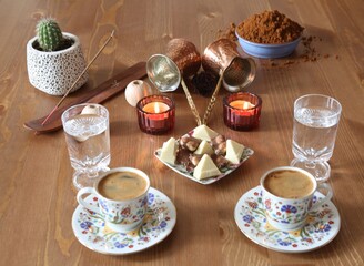 a unique composition with Turkish coffee, incense, candle, chocolate, oriental coffee pot