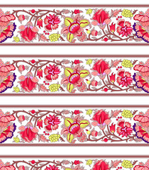 seamless pattern with bright orange and beige paisley and swirls on a light turquoise background