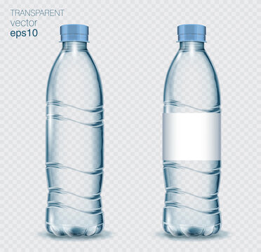 Transparent realistic vector blue plastic bottle with water on light background