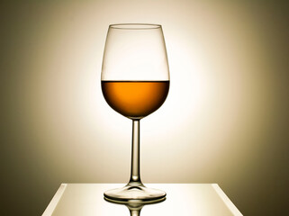 transparent glass with white wine on a reflective table