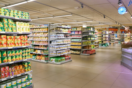 ZURICH, SWITZERLAND - CIRCA OCTOBER, 2018: interior shot of Migros supermarket in Zurich International Airport. Migros is Switzerland's largest retail company.