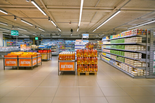 ZURICH, SWITZERLAND - CIRCA OCTOBER, 2018: interior shot of Migros supermarket in Zurich International Airport. Migros is Switzerland's largest retail company.