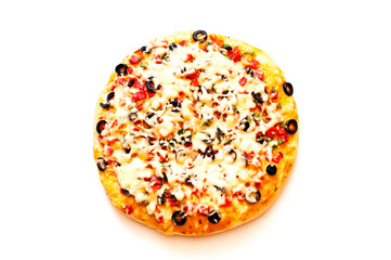 Pizza with salami and olives. Italian food background. Happiness is in small things. Close-up