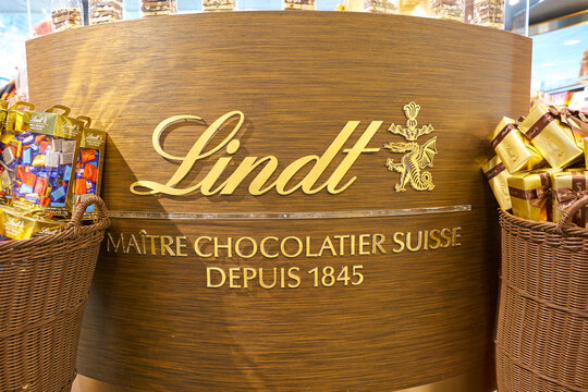 ZURICH, SWITZERLAND - CIRCA OCTOBER, 2018: Lindt sign at a shop in Zurich International Airport.