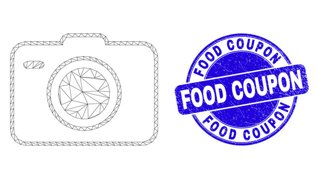 Web carcass photo camera icon and Food Coupon seal stamp. Blue vector rounded grunge seal stamp with Food Coupon phrase. Abstract frame mesh polygonal model created from photo camera pictogram.