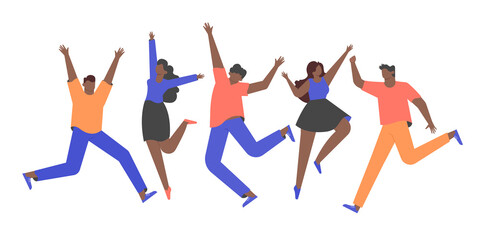 Fototapeta na wymiar Group of happy african people in casual clothes. Men and women are jumping. Celebration. Vector flat illustration.