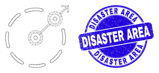 Fototapeta premium Web mesh radial escape border pictogram and Disaster Area watermark. Blue vector round grunge watermark with Disaster Area phrase.