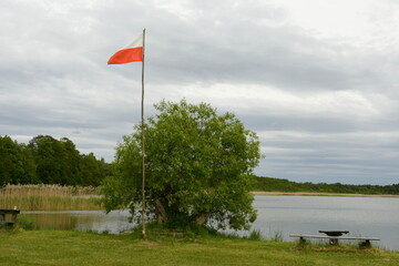 A view of a Polish flag hanging from a metal white pole next to a lush shrub located nearby a vast lake or river with its coast completely overgrown with trees seen on a cloudy spring day