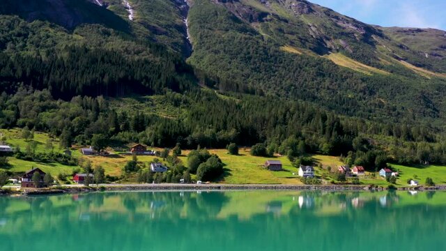 Aerial view of the landscape of valleys, plains, fjords, valleys, plains, hills and mountains in Norway.