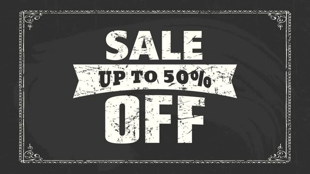 50 percent discount sale stamp on a black chalkboard decorated with an old school frame and typography