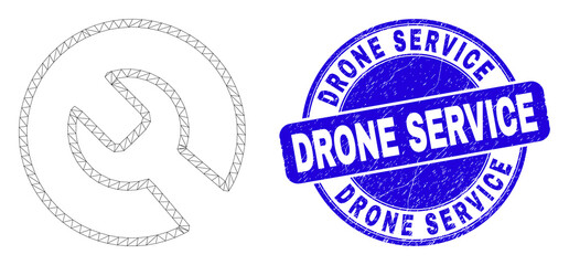 Web mesh repair wrench icon and Drone Service seal stamp. Blue vector rounded grunge seal with Drone Service title. Abstract frame mesh polygonal model created from repair wrench icon.