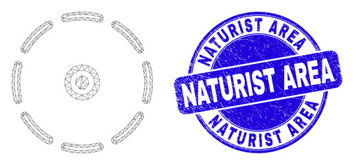 Web carcass round perimeter pictogram and Naturist Area seal stamp. Blue vector round grunge stamp with Naturist Area text.