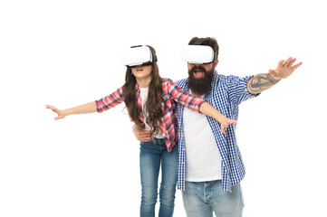 sense of freedom. feel free in glasses of virtual reality. future technology concept. daughter and dad in wireless vr headset. modern education at home. play virtual game together. family having fun