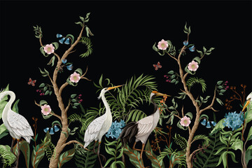 Border with cranes and peonies in chinoiserie style. Vector. - 356225155