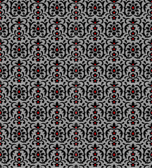 seamless pattern with bright orange and beige paisley and swirls on a light turquoise background