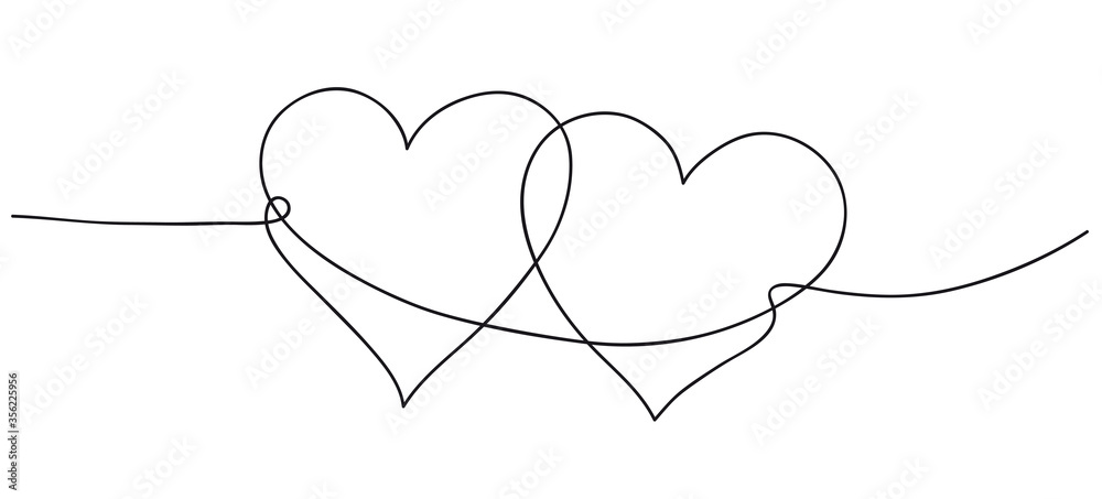 Wall mural Hearts. Continuous line art drawing. Friendship concept. Best friend forever. Black and white vector illustration