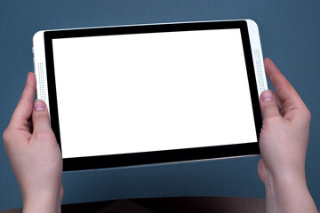 Woman hands holding contemporary generic tablet pc with blank screen.