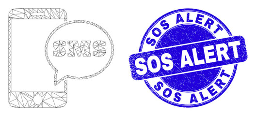 Web carcass smartphone SMS pictogram and Sos Alert stamp. Blue vector rounded scratched stamp with Sos Alert title. Abstract carcass mesh polygonal model created from smartphone SMS pictogram.