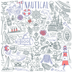 Nautical vector drawings collection. Sea life, marine symbols, various boats and ships. Objects isolated on white background. - obrazy, fototapety, plakaty