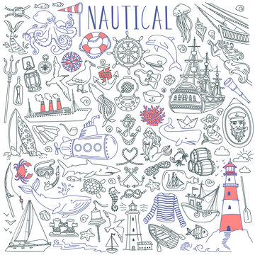 Nautical vector drawings collection. Sea life, marine symbols, various boats and ships. Objects isolated on white background.