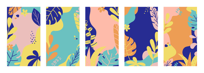 Summer banner collection. Social media template stories with tropical leaves and plants in pastel colors. Summer vacation concept. Bright design for banner, poster, advertising. Vector illustration