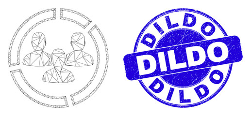Obraz premium Web mesh social pie chart icon and Dildo seal. Blue vector round textured seal with Dildo phrase. Abstract frame mesh polygonal model created from social pie chart icon.