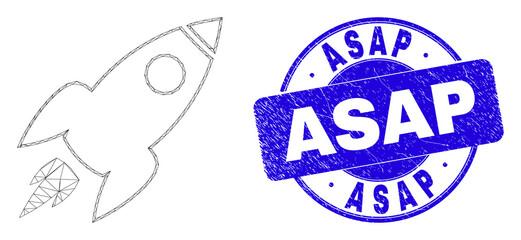 Web mesh space rocket icon and Asap seal stamp. Blue vector round textured seal stamp with Asap message. Abstract frame mesh polygonal model created from space rocket icon.