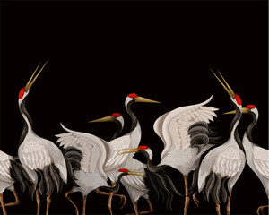 Border with Japanese white cranes. Oriental wallpaper. - 356226958