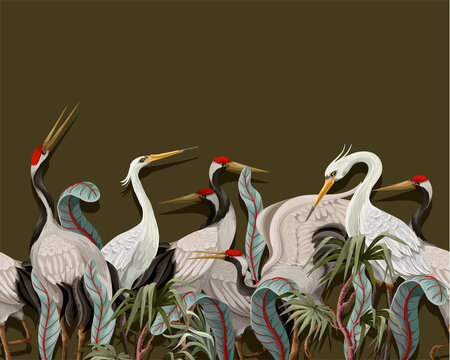 Border with Japanese white cranes. Oriental wallpaper. © Yumeee