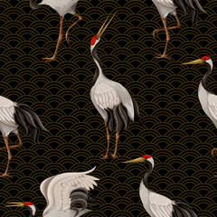 Fototapety  Wzór z japońskich białych żurawi. Tapeta orientalna.