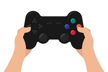 The hands are held by a black video game joystick. Vector stock flat illustration isolated on a white background
