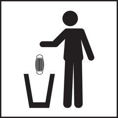 Icon pictogram of a person throwing a face mask in a trash can. Coronavirus, COVID-19 virus waste. Flat vector illustration