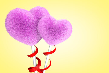 Furry heart. Heart from red fur. 3d render illustration isolated on yellow background