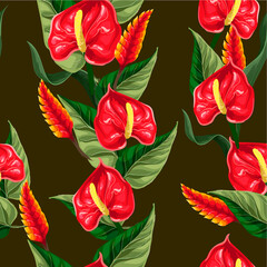 Seamless pattern with anthuriums and tropical leaves. Vector.