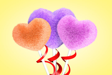 Fototapeta premium Furry heart. Heart from red fur. 3d render illustration isolated on yellow background