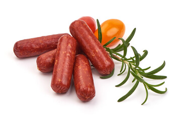 Dry sausages with herbs isolated on white background