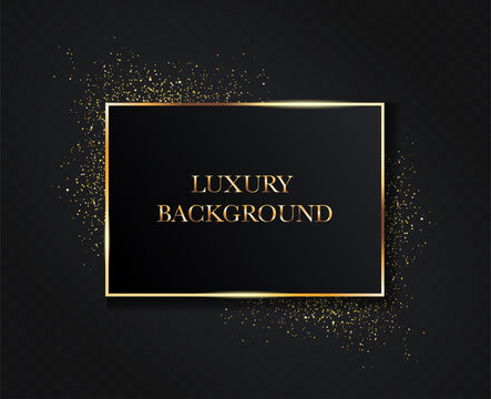 Luxury background design with gold frame and sparkling glitter on a black background with central copy space, colored vector illustration