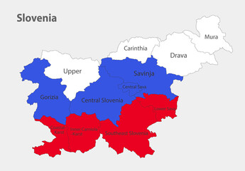 Map of the Slovenia in the colors of the flag with administrative divisions vector