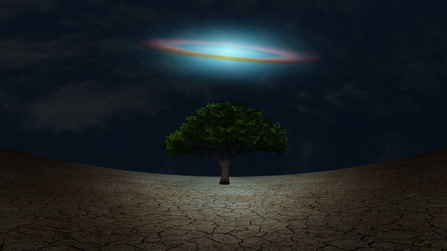Surrealism. Green tree in arid land. Galactic disk in night sky