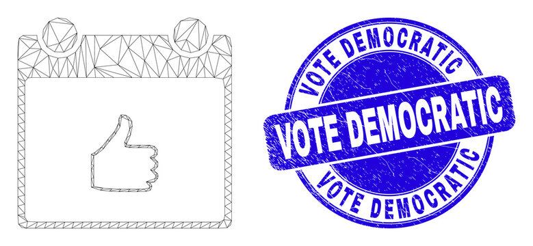 Web carcass thumb up calendar page icon and Vote Democratic seal stamp. Blue vector rounded grunge seal stamp with Vote Democratic title.