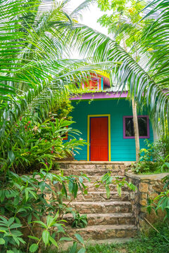multicolored tropical house in the tropical nature of La digue island, Seychelles.