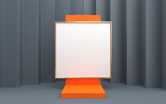 Minimalist abstract background, 3D render, a square in a gold frame on grey background, blank template for advertisement in minimalist style, curtain on the background