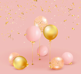 Fototapeta na wymiar Set of pink, golden balloons with gold confetti. Celebrate a birthday, Poster, banner happy anniversary. Realistic decorative design elements. Festive background with helium balloons.