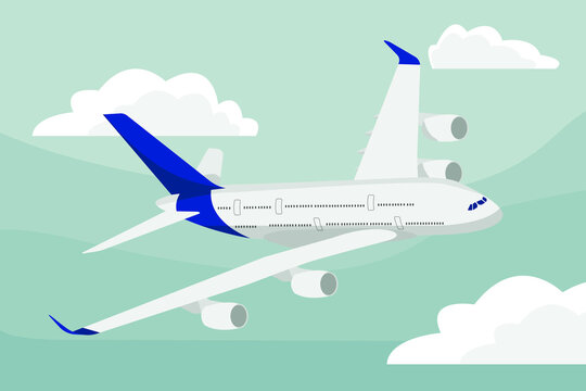 The plane is flying. Plane in the sky among the clouds. Vector illustration of an airplane.