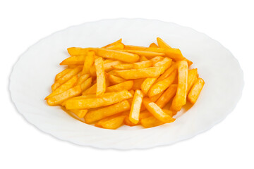French fries on a plate, isolated on white background