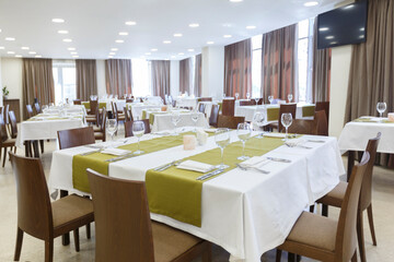 Large decorated table in luxury hotel restaurant