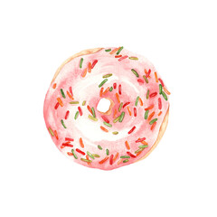 Donut glazed and colorful sprinkles, watercolor illustration isolated on white background. Delicious dessert.