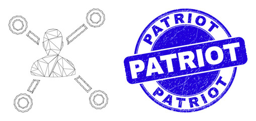 Web carcass user links icon and Patriot seal stamp. Blue vector rounded distress seal stamp with Patriot phrase. Abstract carcass mesh polygonal model created from user links pictogram.